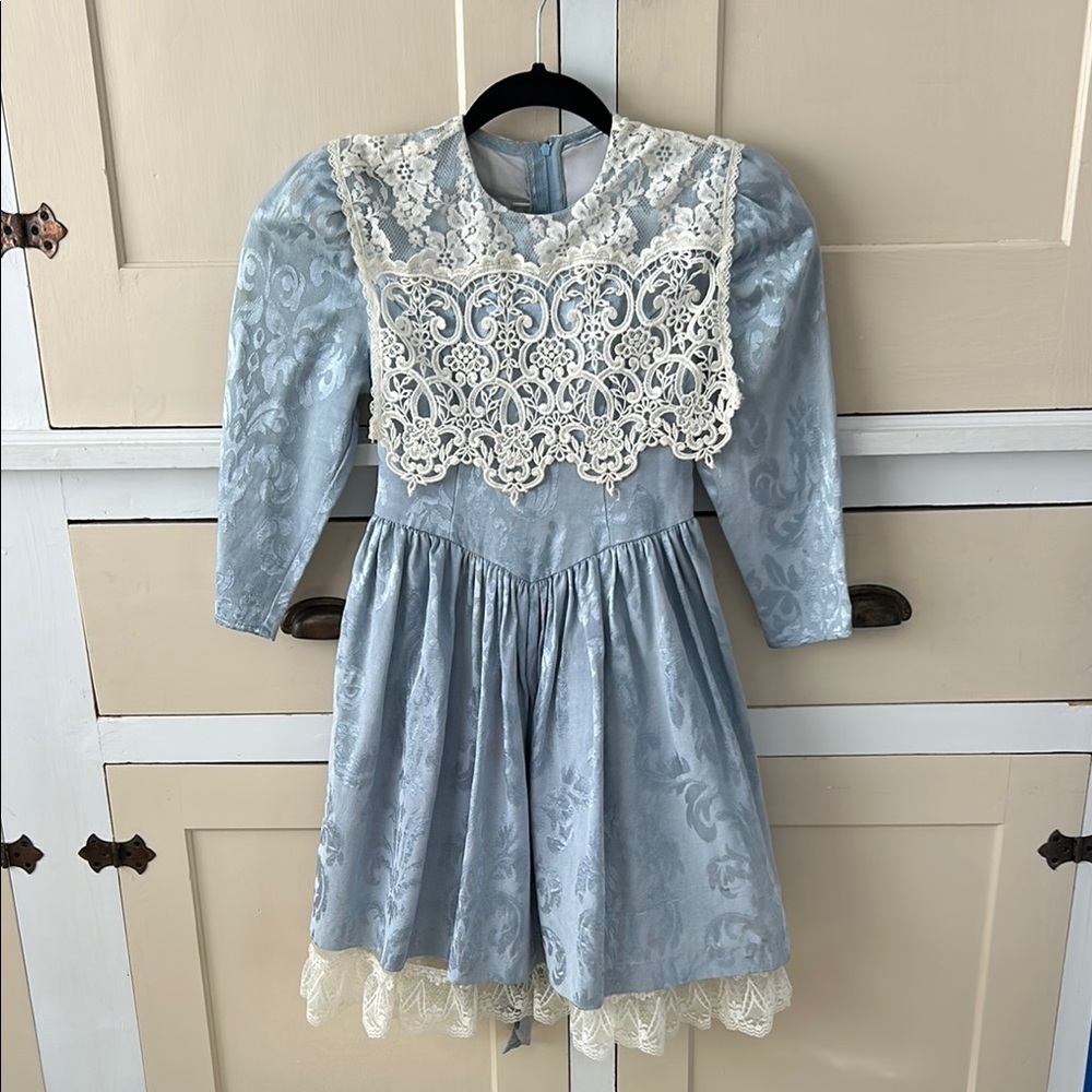 Vintage Gunne Sax Dress Prairie Cottagecore Puff Shoulder Blue Brocade Lace sz 7